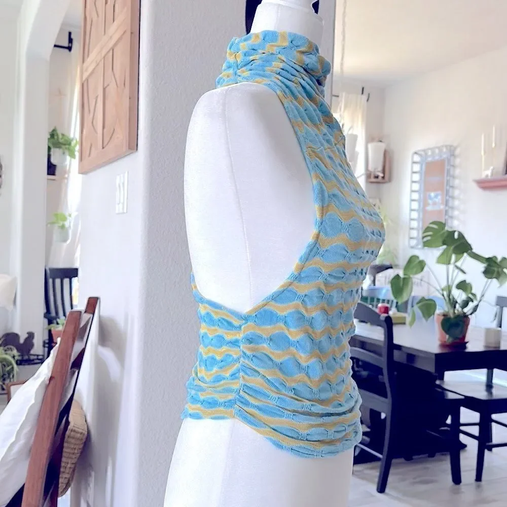 NWOT Free People Mock Neck Sleeveless Wavy Stripes Blue Mustard Tank Racer Back